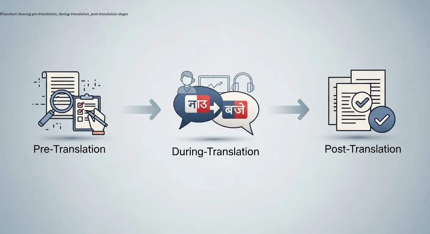 Flowchart showing pre-translation, during-translation, post-translation stages